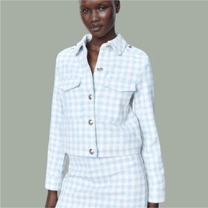 NWOT Zara Textured Plaid Tweed Gingham Checkered Jacket Blazer Pastel Blue Large